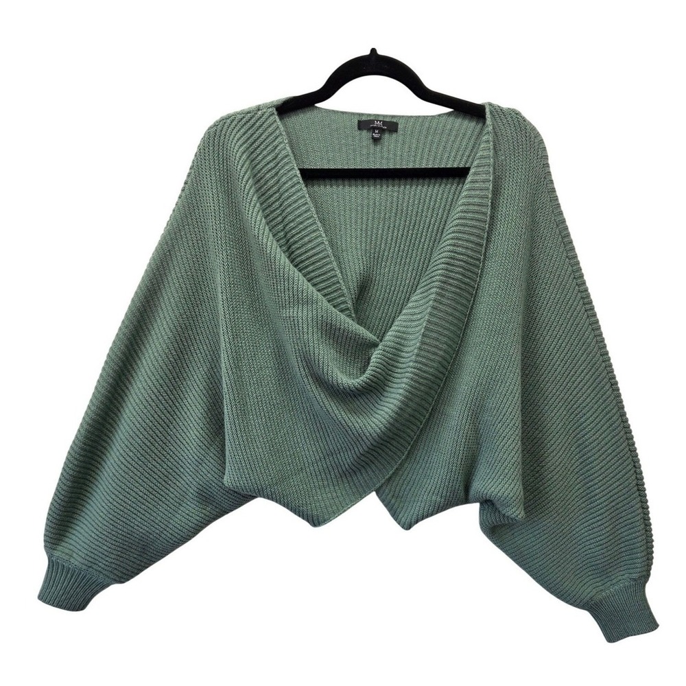 MM by Michelle Sage Green Surplice Crossover Knit Sweater Balloon Sleeve Women M